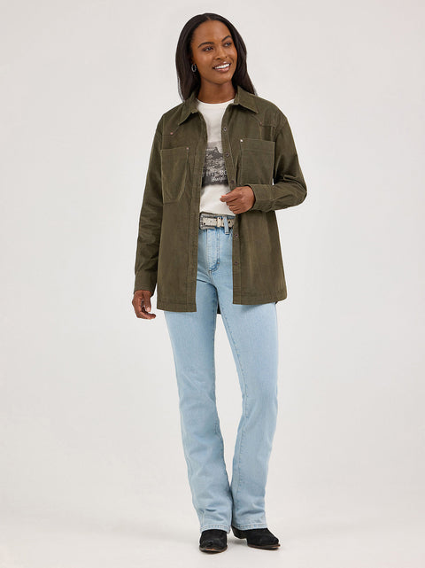 Women's Wrangler Corduroy Boyfriend Western Snap Shirt in Olive