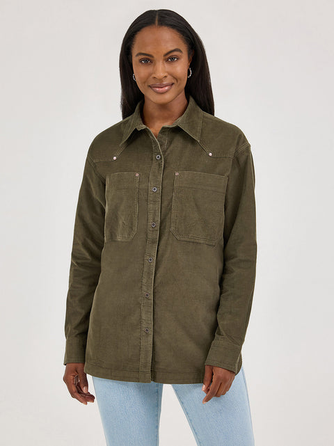 Women's Wrangler Corduroy Boyfriend Western Snap Shirt in Olive
