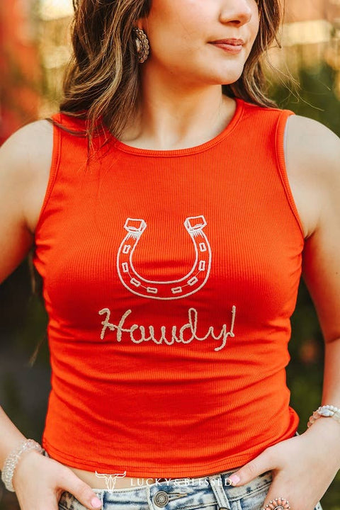 Red Horse Shoe Howdy Ribbed Embroidered Tank Western Top: S