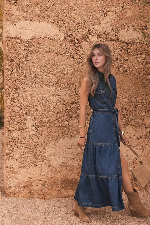 SLEEVELESS DENIM LONG DRESS