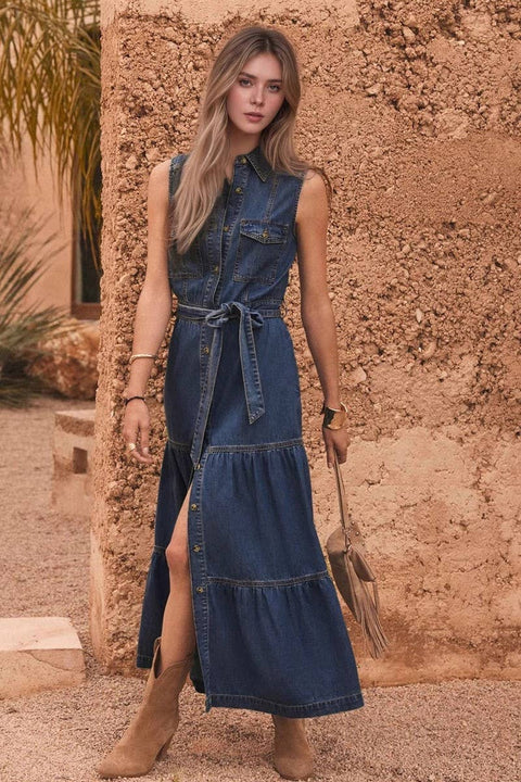 SLEEVELESS DENIM LONG DRESS