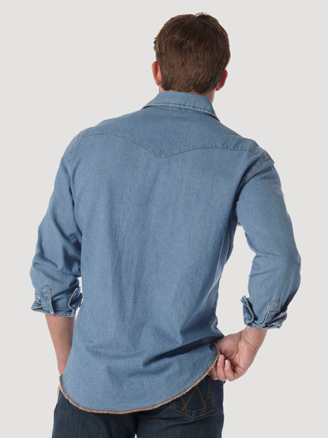 Wrangler Cowboy Cut® Long Sleeve Western Denim Snap Work Shirt in Stonewash