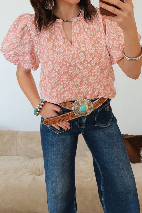 Western Floral Textured V Neck Blouse: Iceland Blue