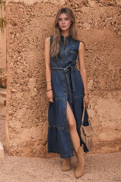 SLEEVELESS DENIM LONG DRESS