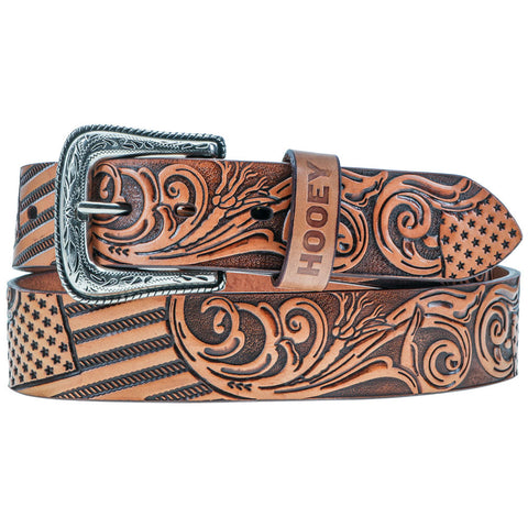HOOEY "Liberty Roper" Filigree Tan Leather w/Brown Hand Painted Accents Belt