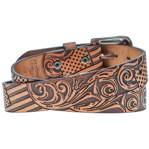 HOOEY "Liberty Roper" Filigree Tan Leather w/Brown Hand Painted Accents Belt