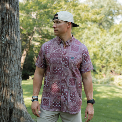 BURLEBO Men's Performance Button Up - Paisley Duck Maroon