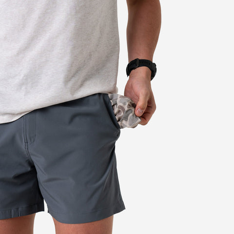 Burlebo Men's 5.5" Everyday Short - River Rock Grey - Classic Deer Camo Pocket