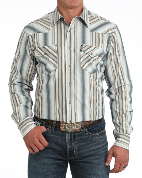 Cinch Men's Grey Stripe Modern Fit Pearl Snap Long Sleeve Shirt