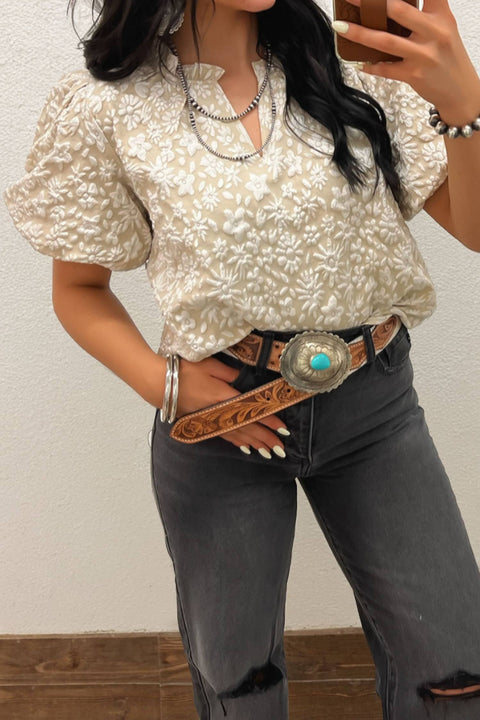 Western Floral Textured V Neck Blouse: Iceland Blue