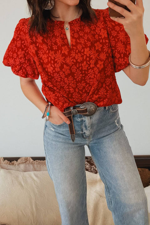 Western Floral Textured V Neck Blouse: Iceland Blue