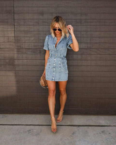 Casual Denim Short Sleeve Dress: Blue / Missy