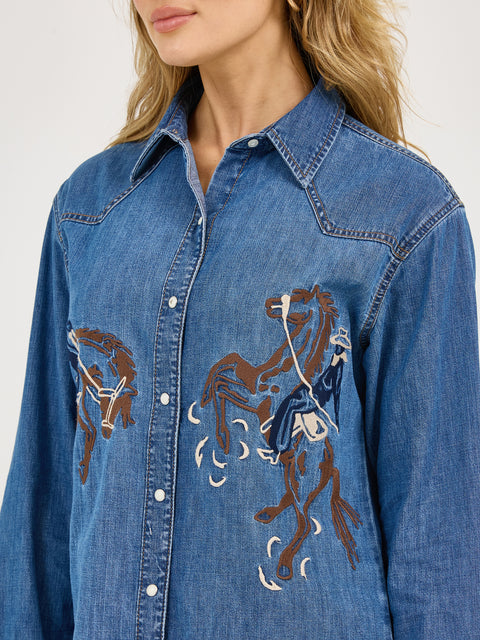 Wrangler® Women's Embroidered Horses Boyfriend Western Snap Shirt