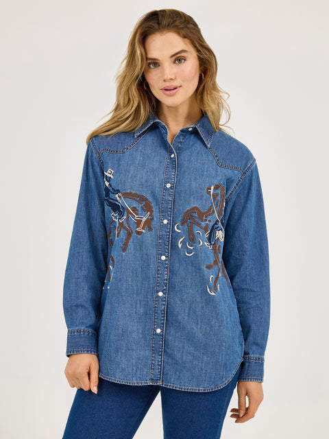 Wrangler® Women's Embroidered Horses Boyfriend Western Snap Shirt
